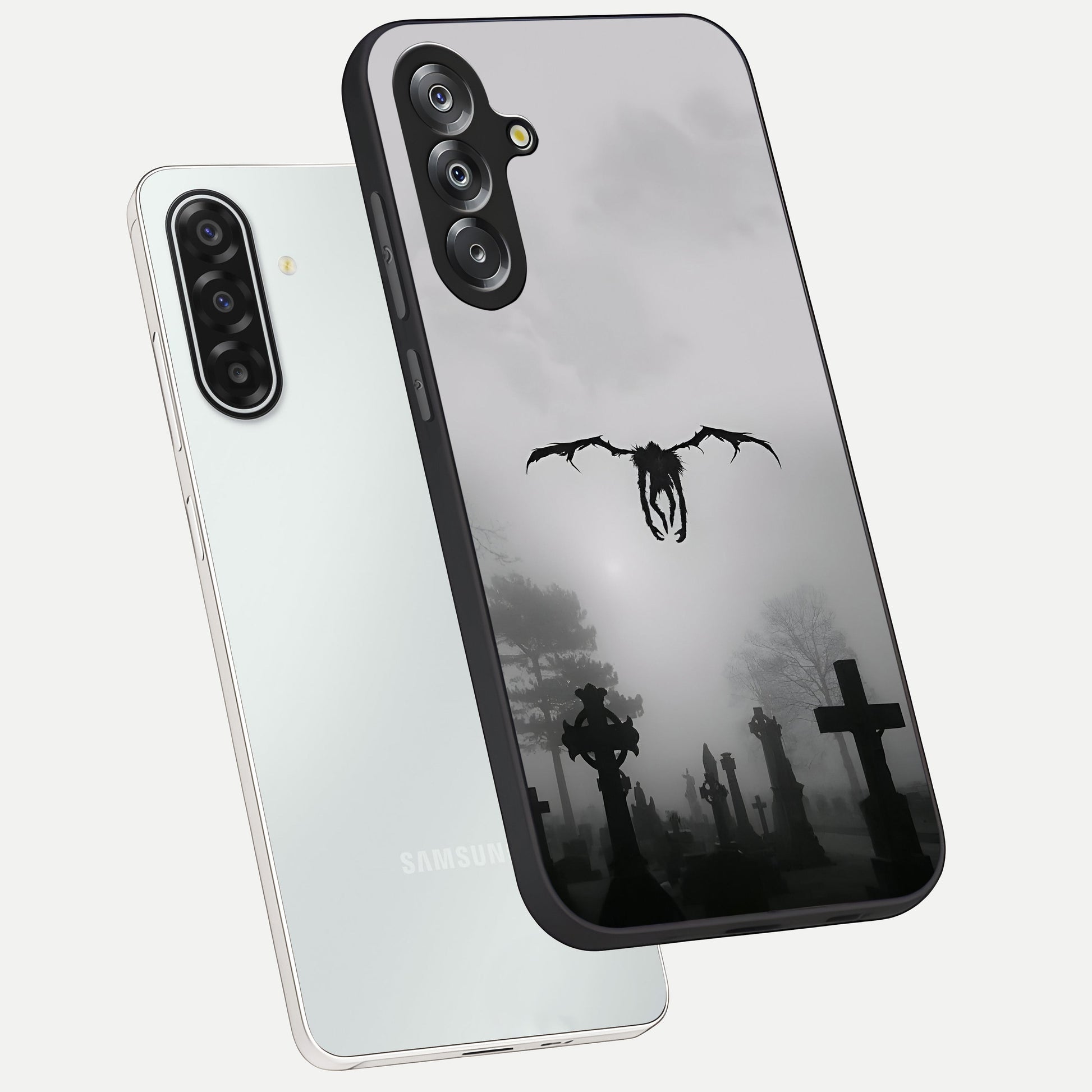 Graveyard Shadow Descent Glass Case displayed in angled mockup highlighting eerie shadow illustration with gothic aesthetic.