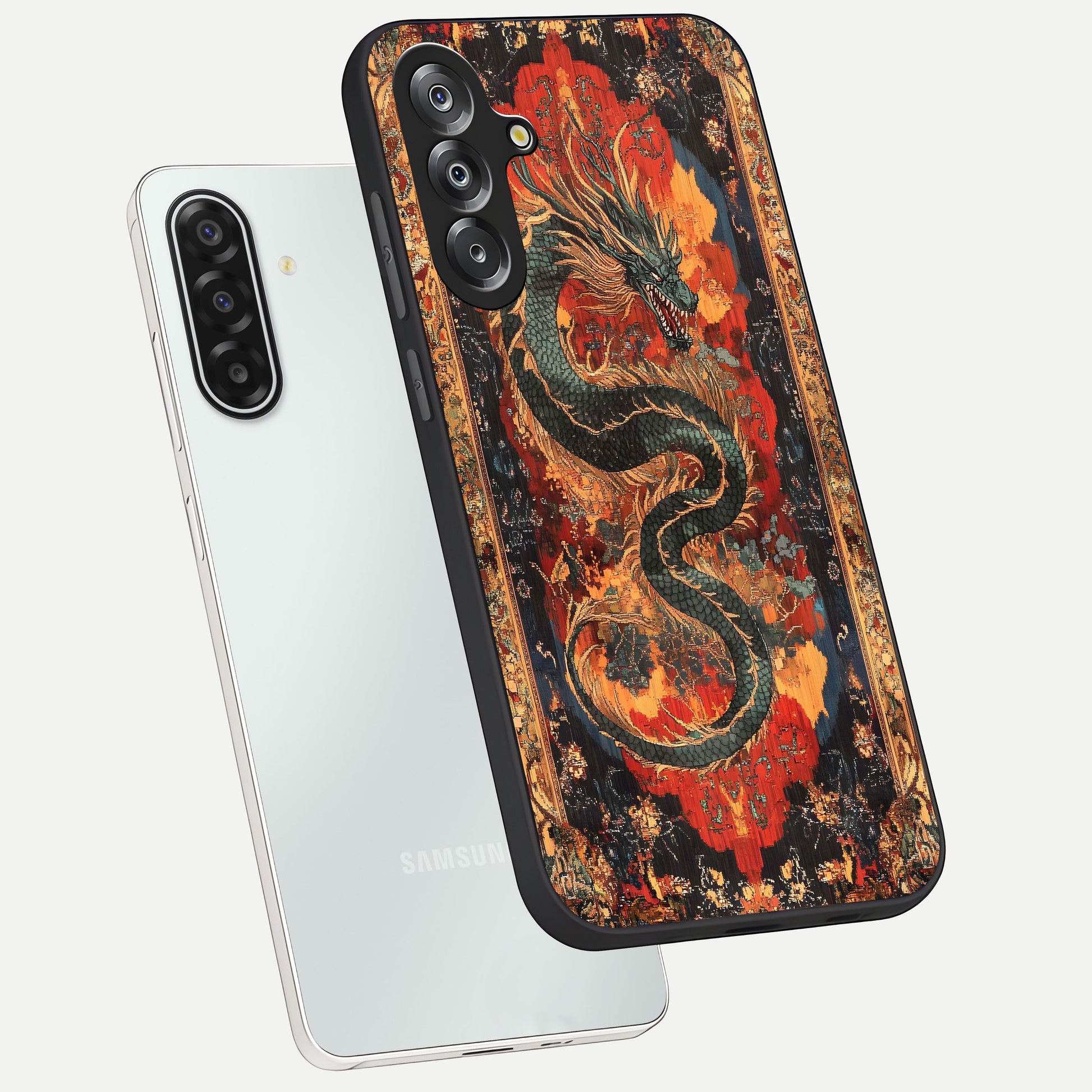 Inferno Dragon Soul Glass Case displayed in angled mockup highlighting powerful dragon illustration with inferno aesthetic.