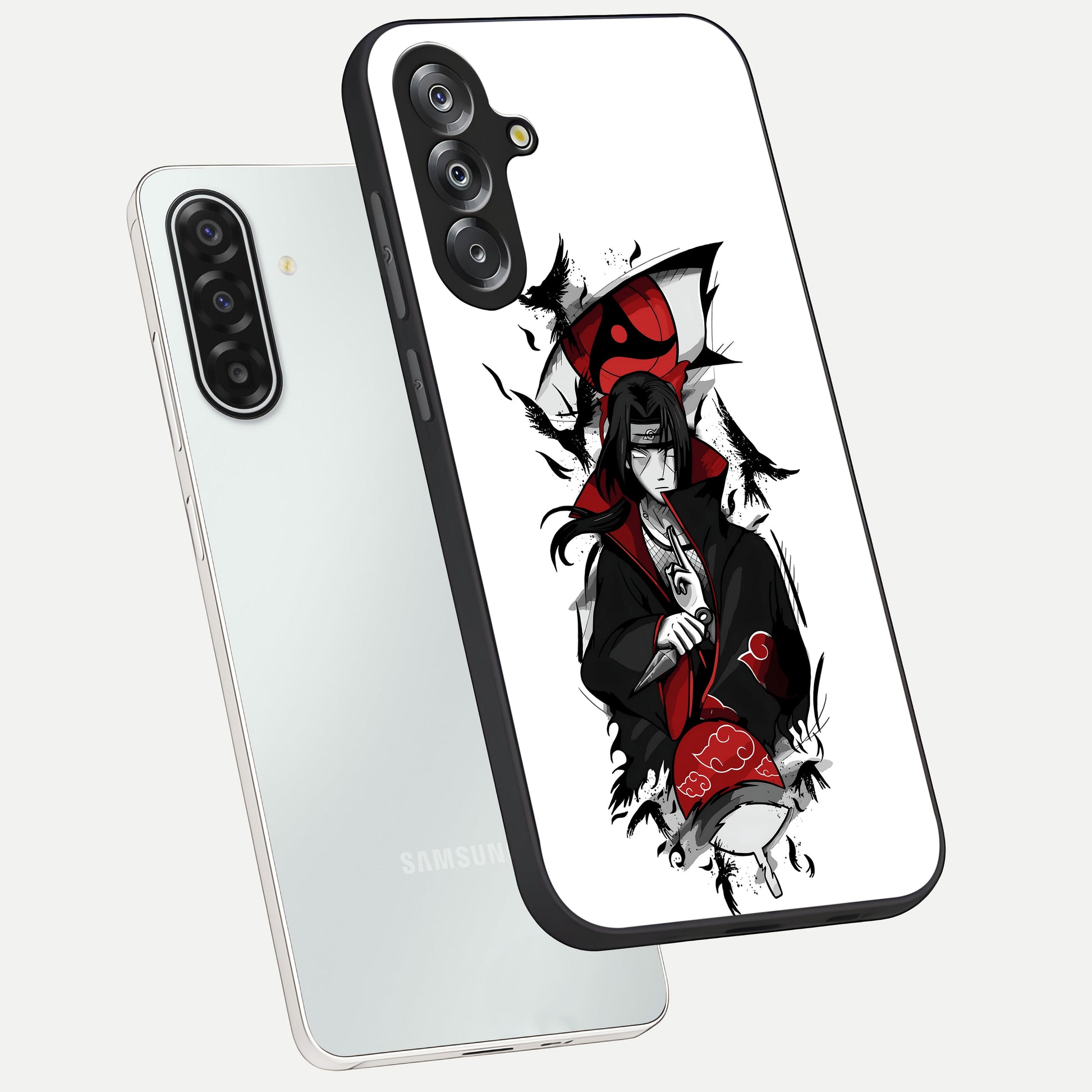 Itachi Limited Edition Naruto Anime Glass Case displayed in angled mockup highlighting dramatic anime illustration with bold action aesthetic.
