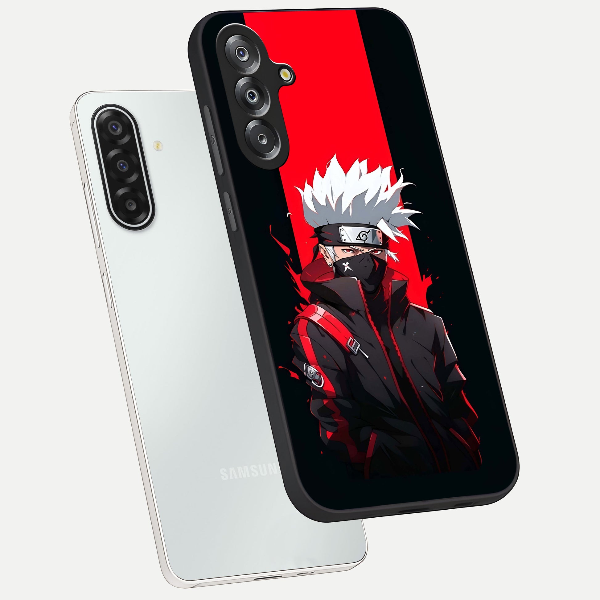 Kakashi Scarlet Shadow Glass Case displayed in angled mockup highlighting dramatic ninja illustration with scarlet themed aesthetic.