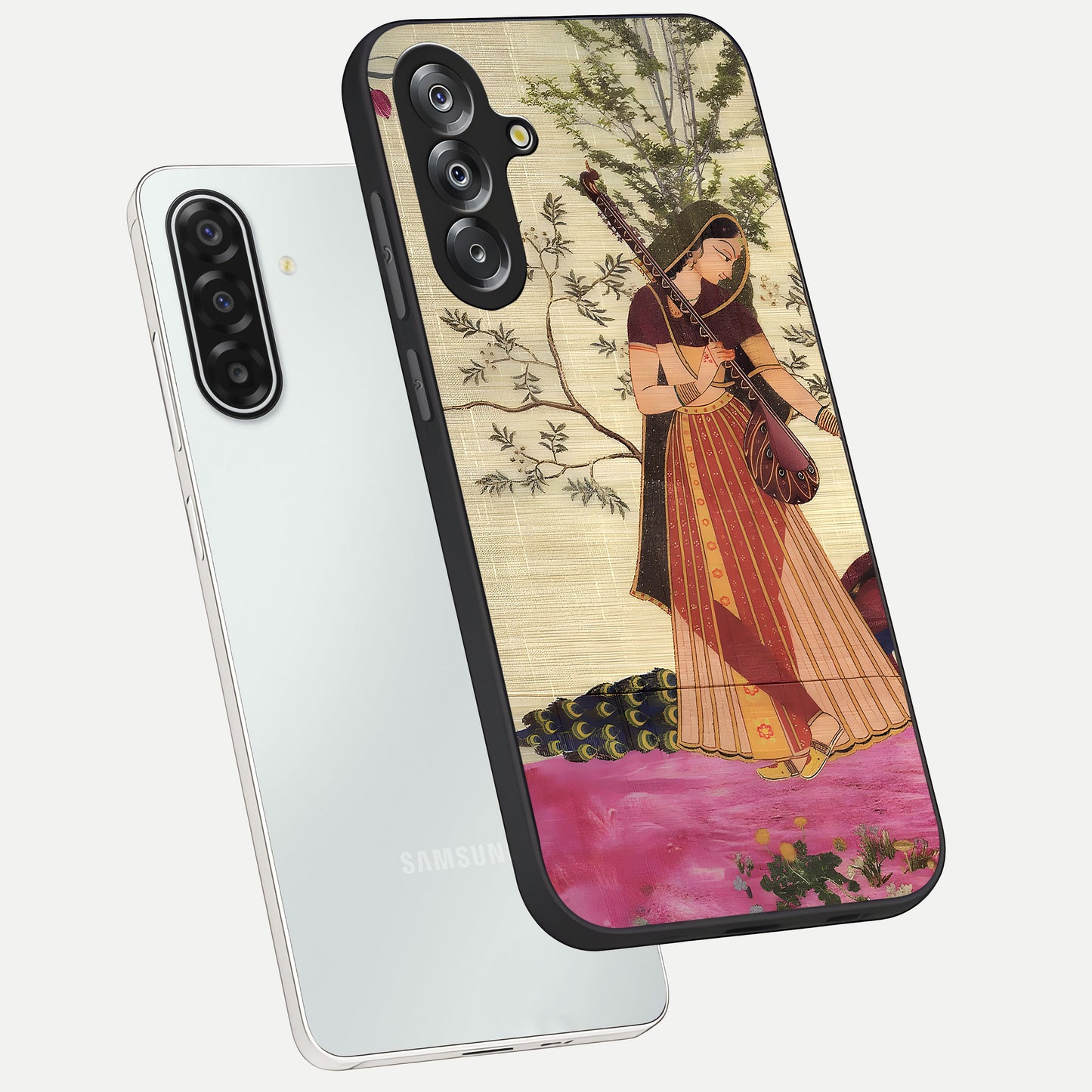 Lady With Veena Art Glass Case displayed in angled mockup highlighting graceful musical illustration with cultural artistic aesthetic.