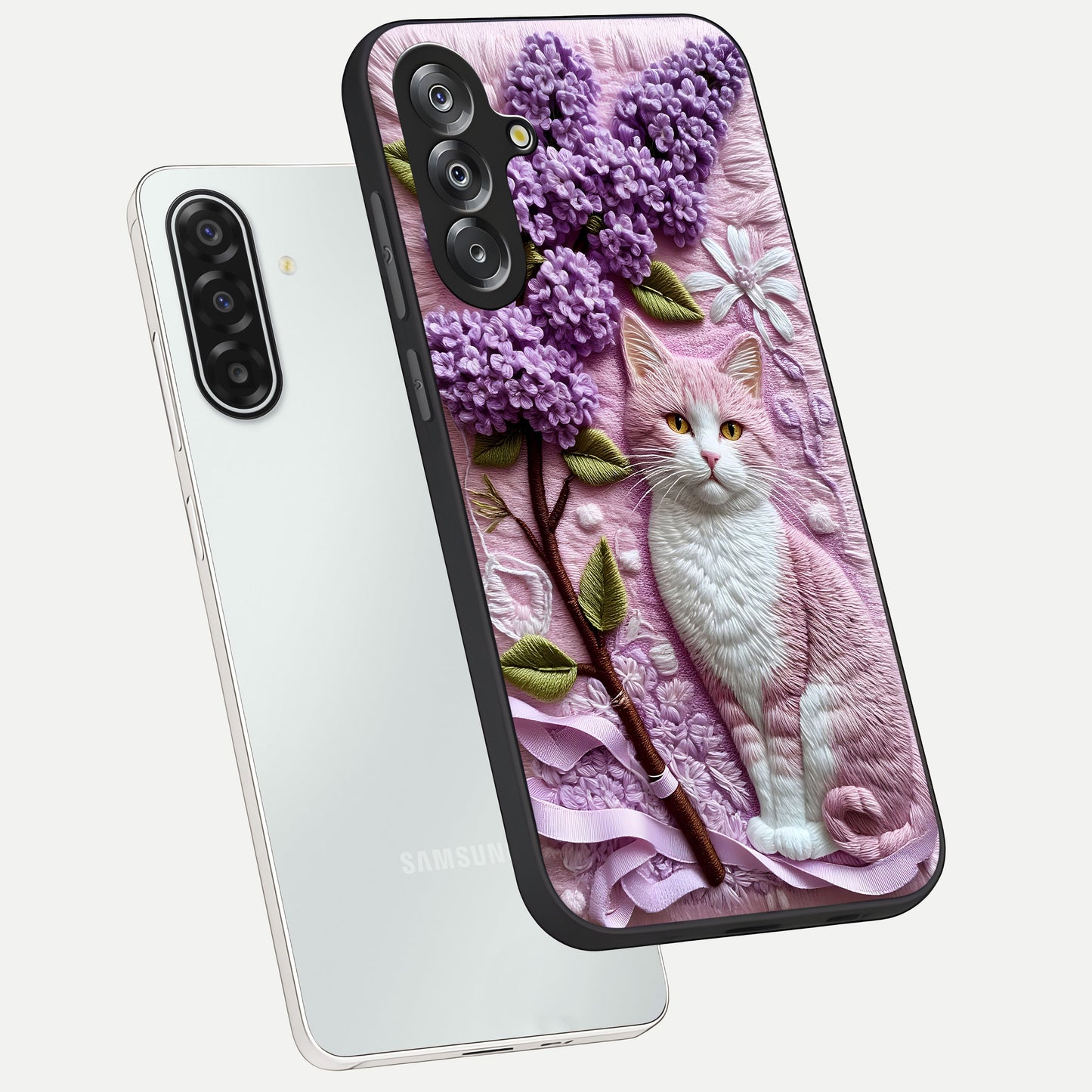 Lavender Cat Whimsy Glass Case displayed in angled mockup highlighting playful feline illustration with pastel lavender aesthetic.