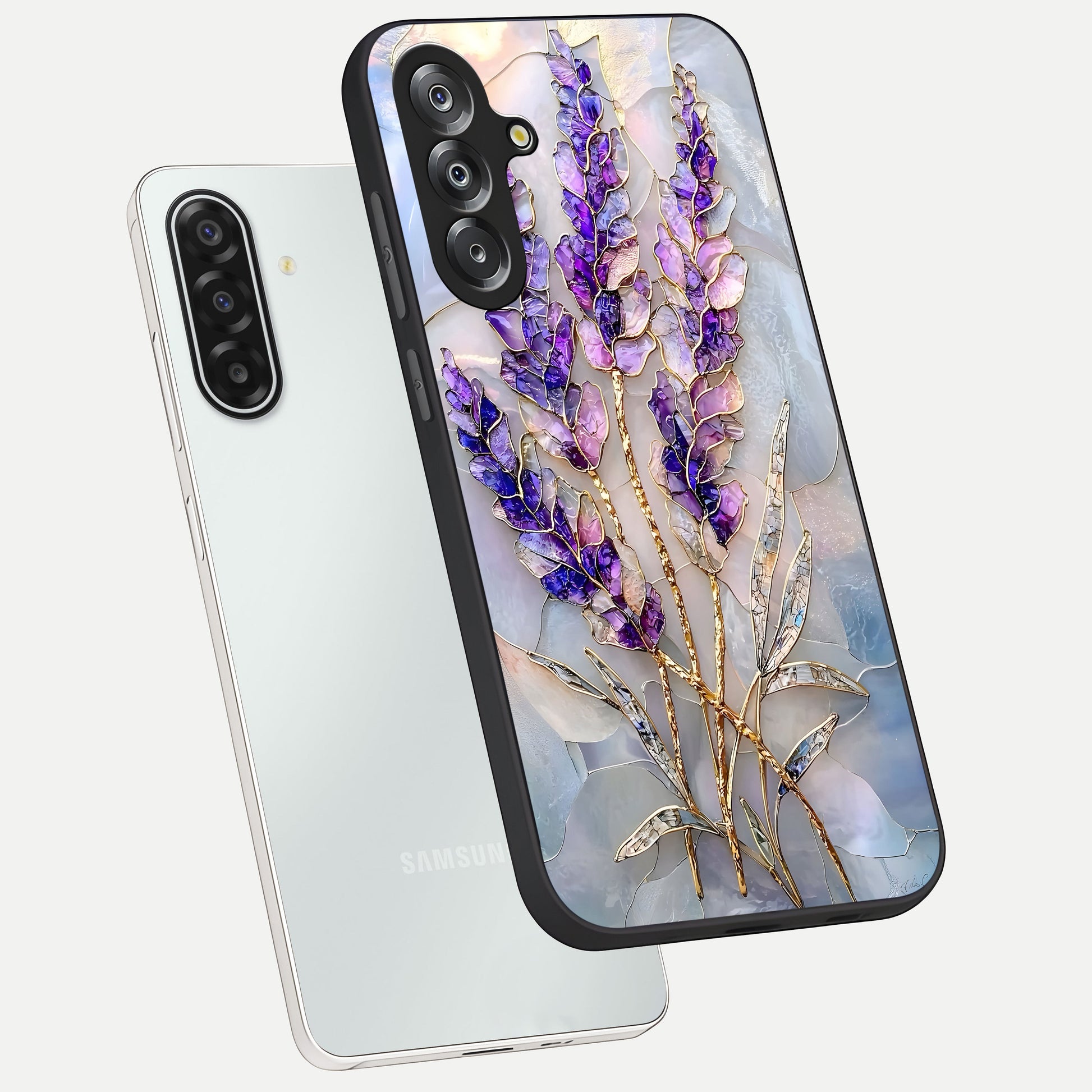 Lavender Dream Glow Glass Case displayed in angled mockup highlighting dreamy purple glow design with soft artistic style.