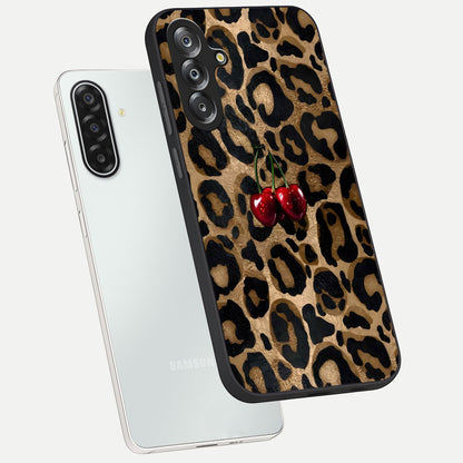 Leopard Wild Cherry Glass Case displayed in angled mockup highlighting bold animal print design with playful cherry aesthetic.