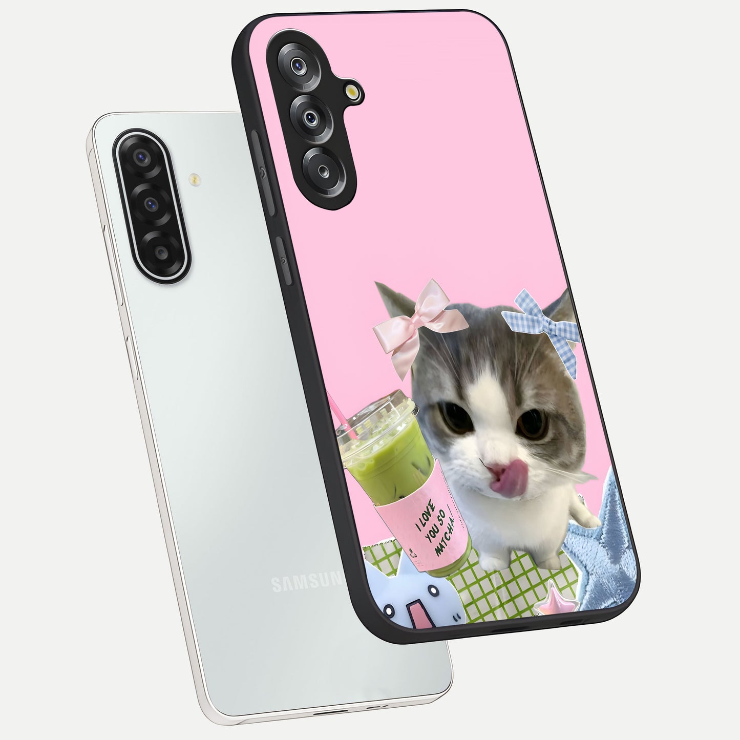 Love Matcha Cat Glass Case displayed in angled mockup highlighting playful feline illustration with cozy matcha aesthetic.