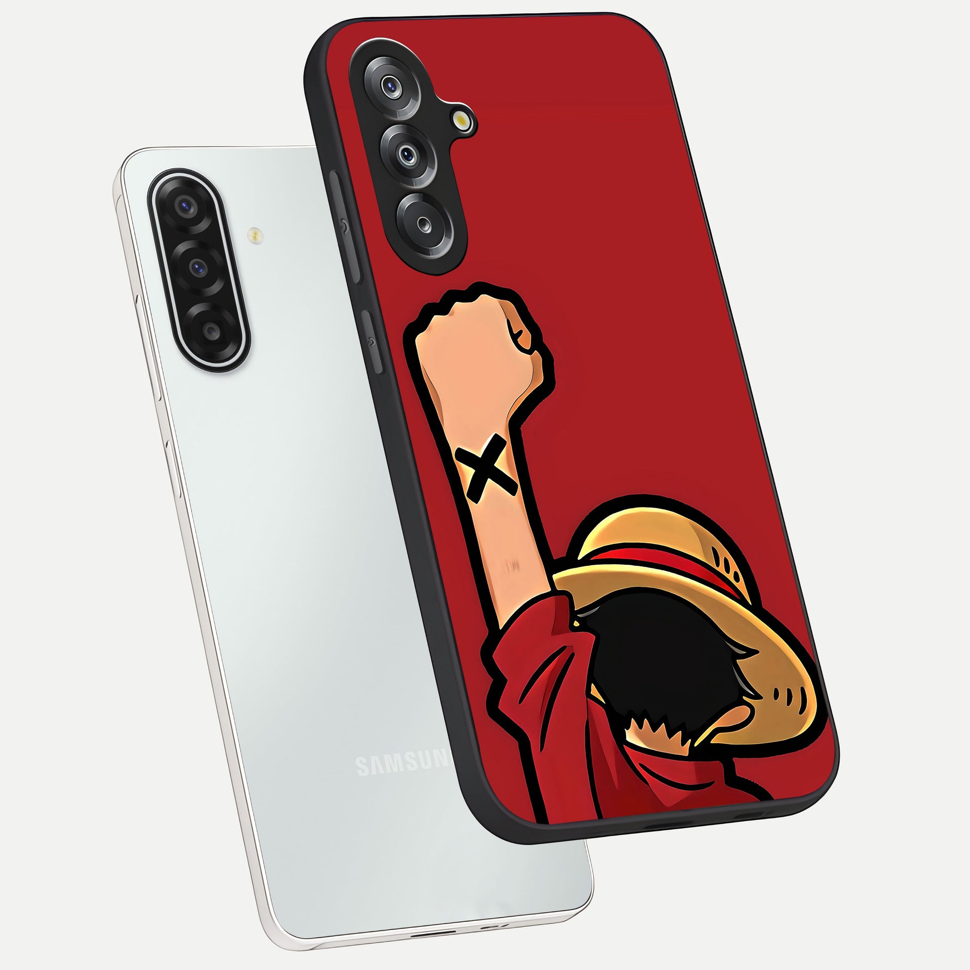 Luffy X Spirit Glass Case displayed in angled mockup highlighting powerful anime design with energetic action aesthetic.