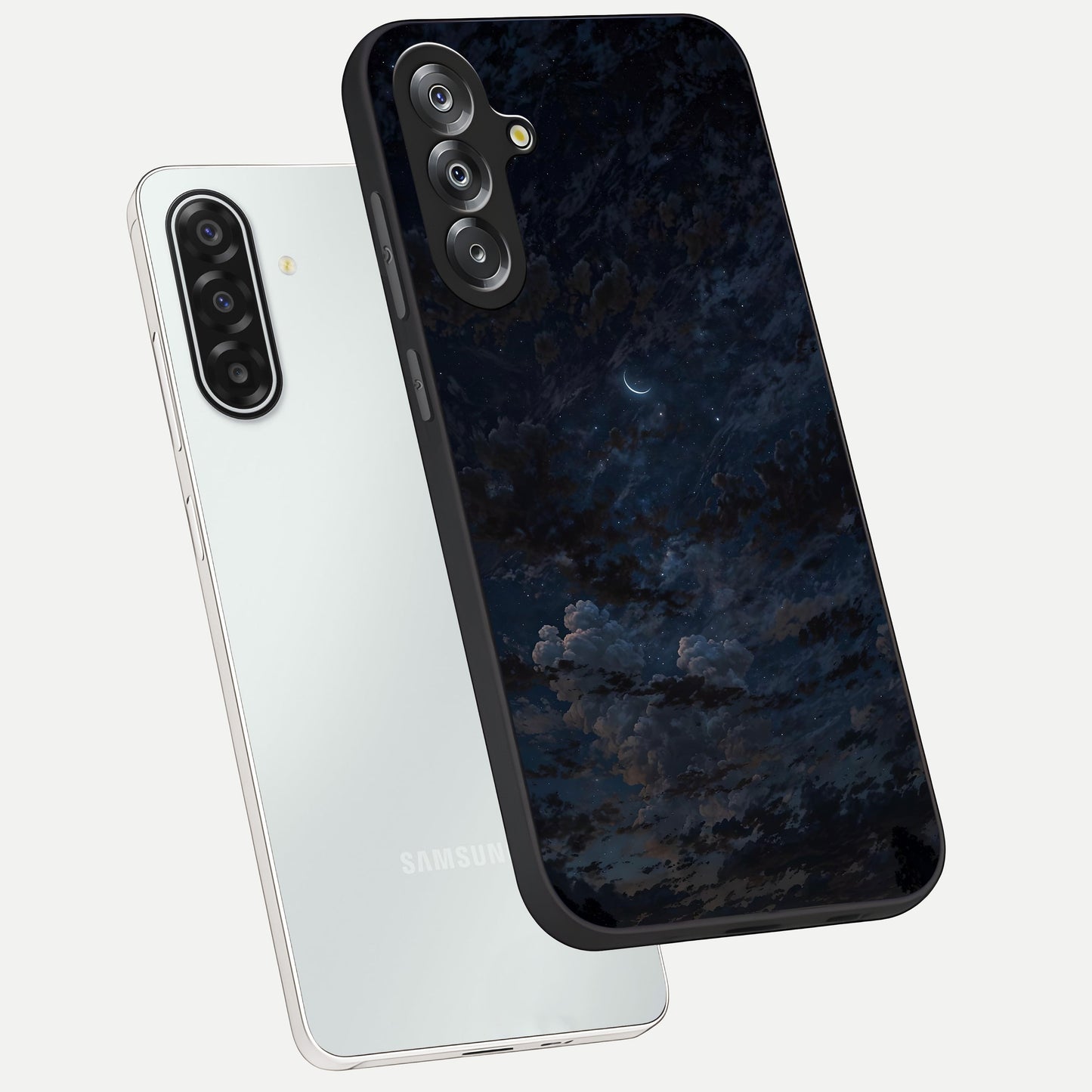 Lunar Veil Silence Glass Case displayed in angled mockup highlighting soft lunar design with peaceful celestial aesthetic.