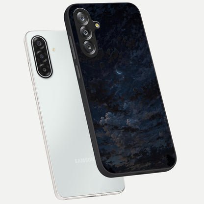 Lunar Veil Silence Glass Case displayed in angled mockup highlighting soft lunar design with peaceful celestial aesthetic.