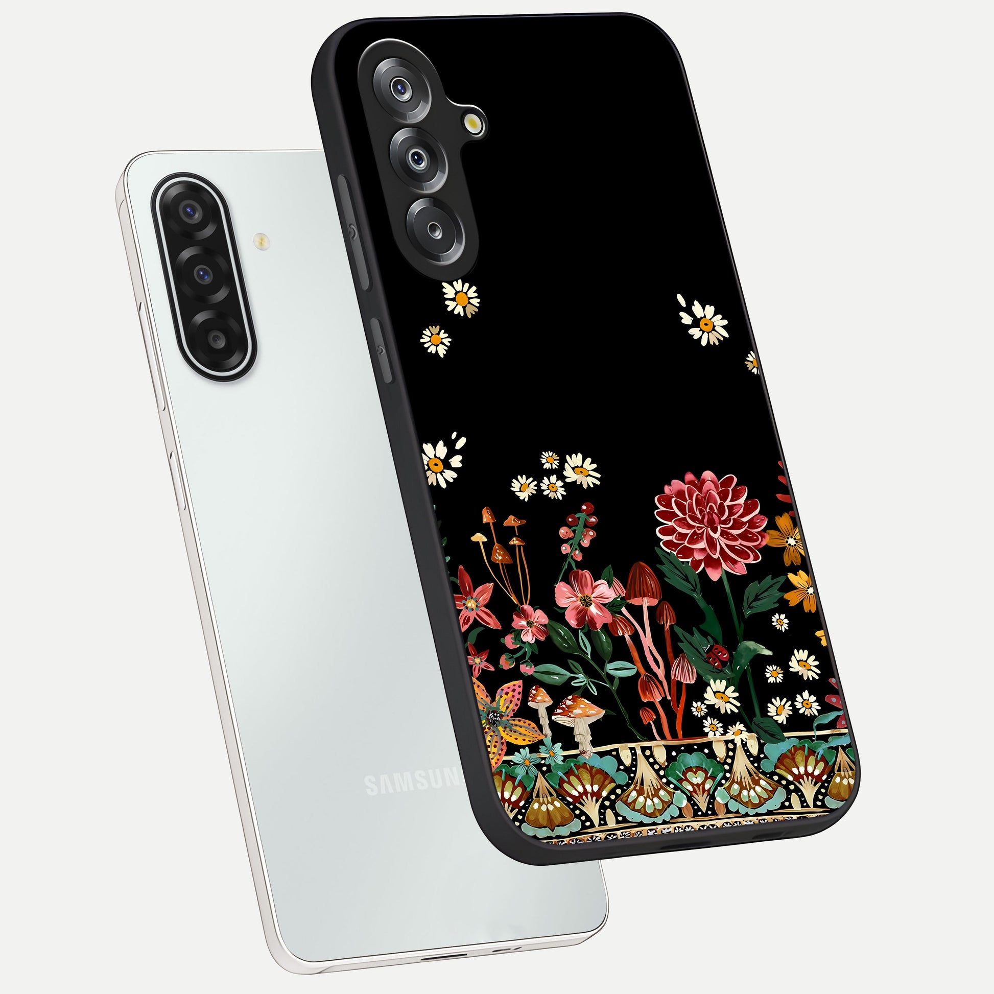 Midnight Bloom Pattern Glass Case displayed in angled mockup highlighting elegant flower design with midnight aesthetic style.