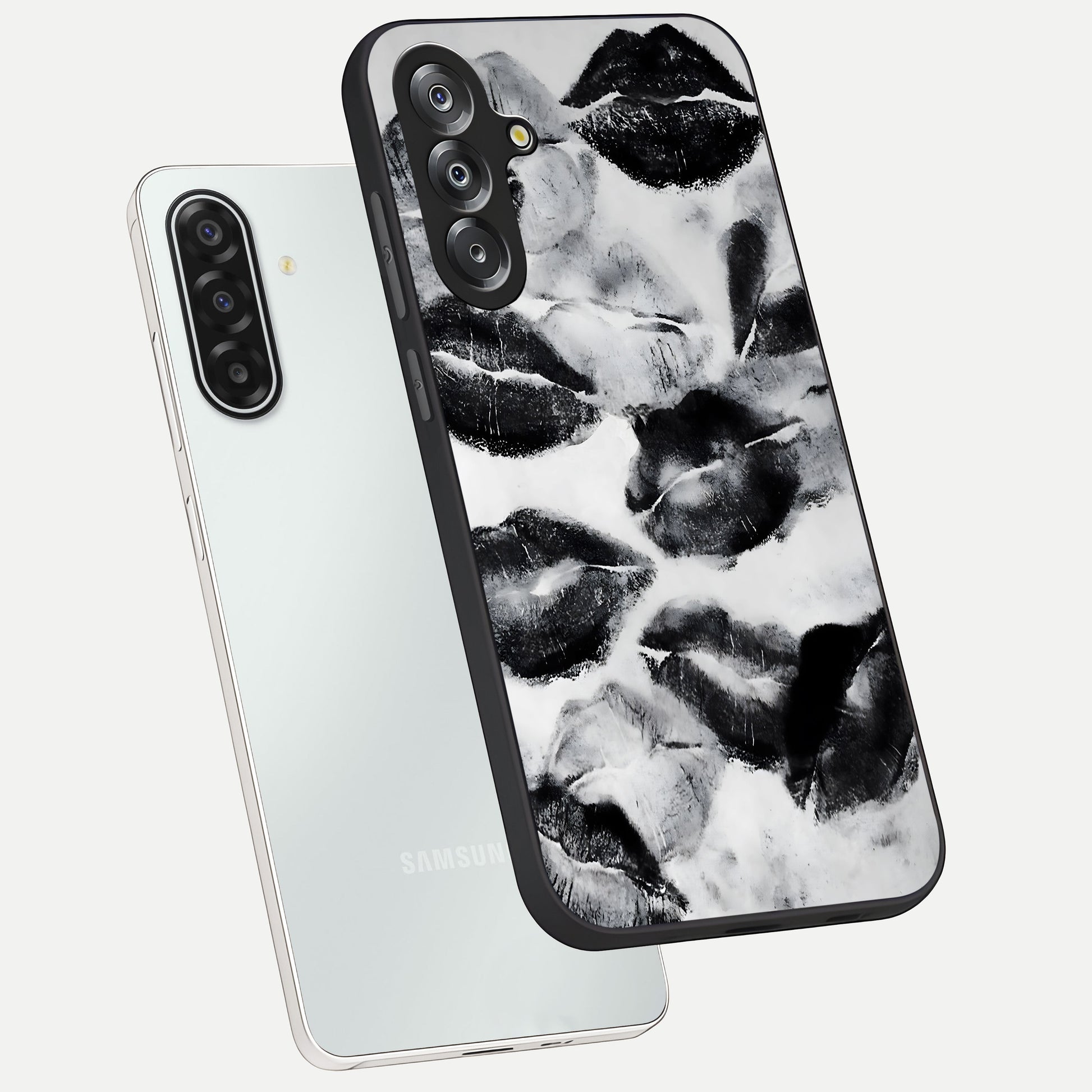 Midnight Kiss Marks Glass Case displayed in angled mockup highlighting playful romantic design with bold midnight aesthetic.