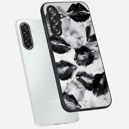 Midnight Kiss Marks Glass Case displayed in angled mockup highlighting playful romantic design with bold midnight aesthetic.