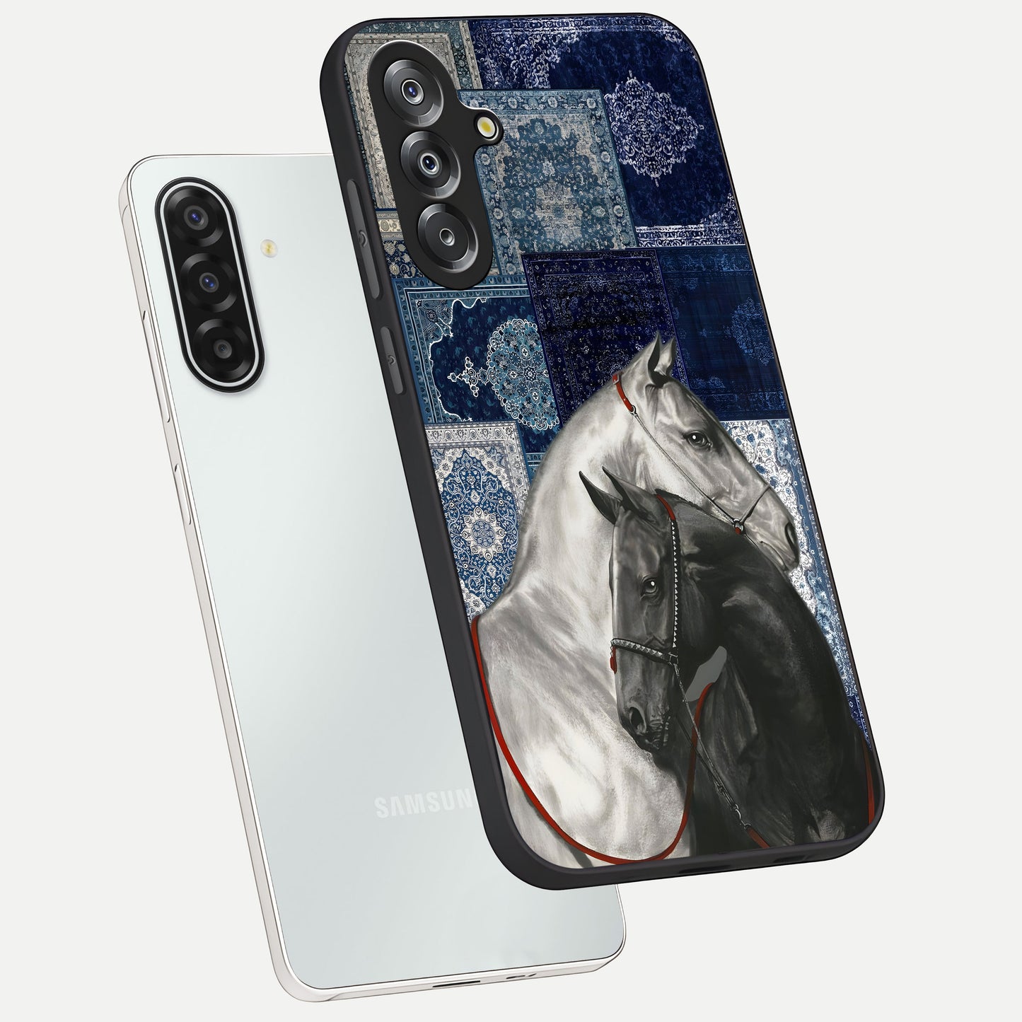 Midnight Stallion Blues Glass Case displayed in angled mockup highlighting powerful stallion illustration with deep midnight tones.