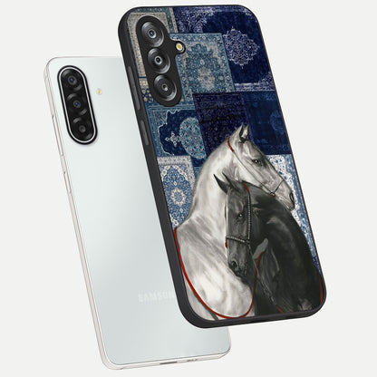 Midnight Stallion Blues Glass Case displayed in angled mockup highlighting powerful stallion illustration with deep midnight tones.