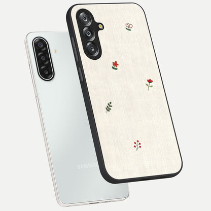 Minimalistic Blue With White Flower Pattern Glass Case displayed in angled mockup highlighting simple floral design with minimal aesthetic.