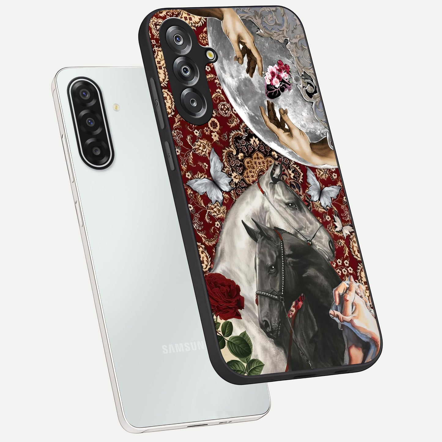 Moonlit Royal Stallion Glass Case displayed in angled mockup highlighting powerful stallion illustration with royal night aesthetic.