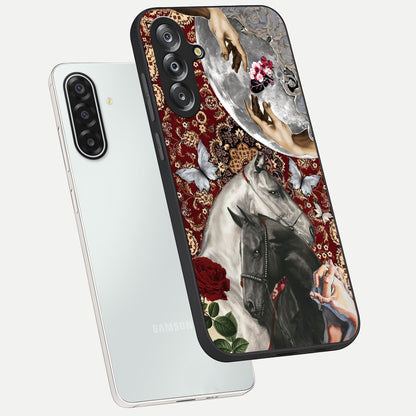 Moonlit Royal Stallion Glass Case displayed in angled mockup highlighting powerful stallion illustration with royal night aesthetic.