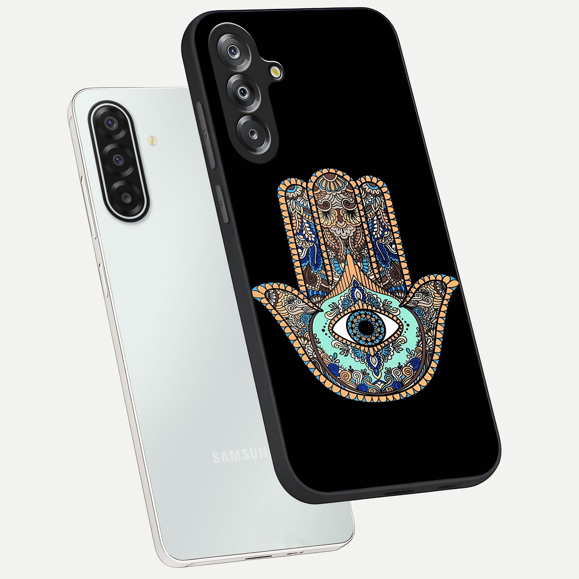 Mystic Hamsa Eye Glass Case displayed in angled mockup highlighting spiritual hamsa symbol with mystical aesthetic style.