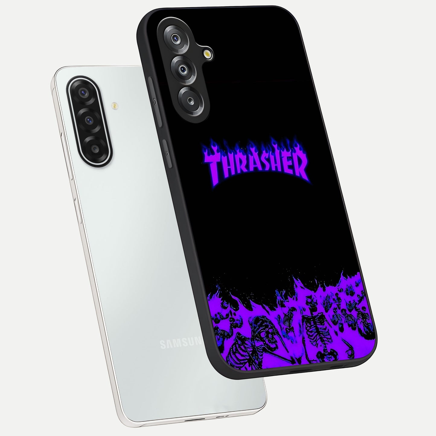 Neon Flame Riot Glass Case displayed in angled mockup highlighting glowing flame design with vibrant neon aesthetic.