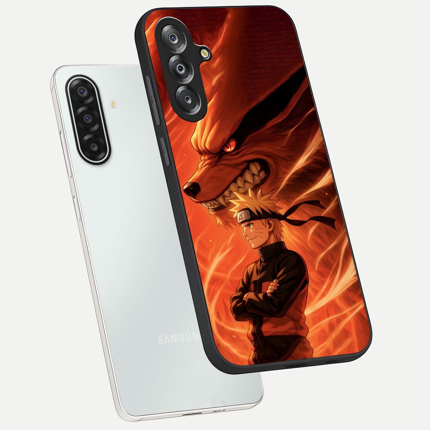 Nine Tails Legacy Glass Case displayed in angled mockup highlighting dynamic anime beast illustration with bold mystical aesthetic.