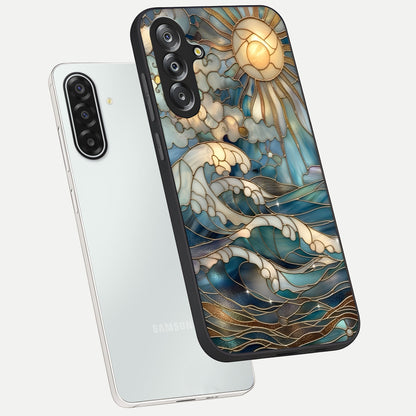 Oceanic Stained Printed Glass Case displayed in angled mockup highlighting colorful aquatic design with artistic aesthetic style.