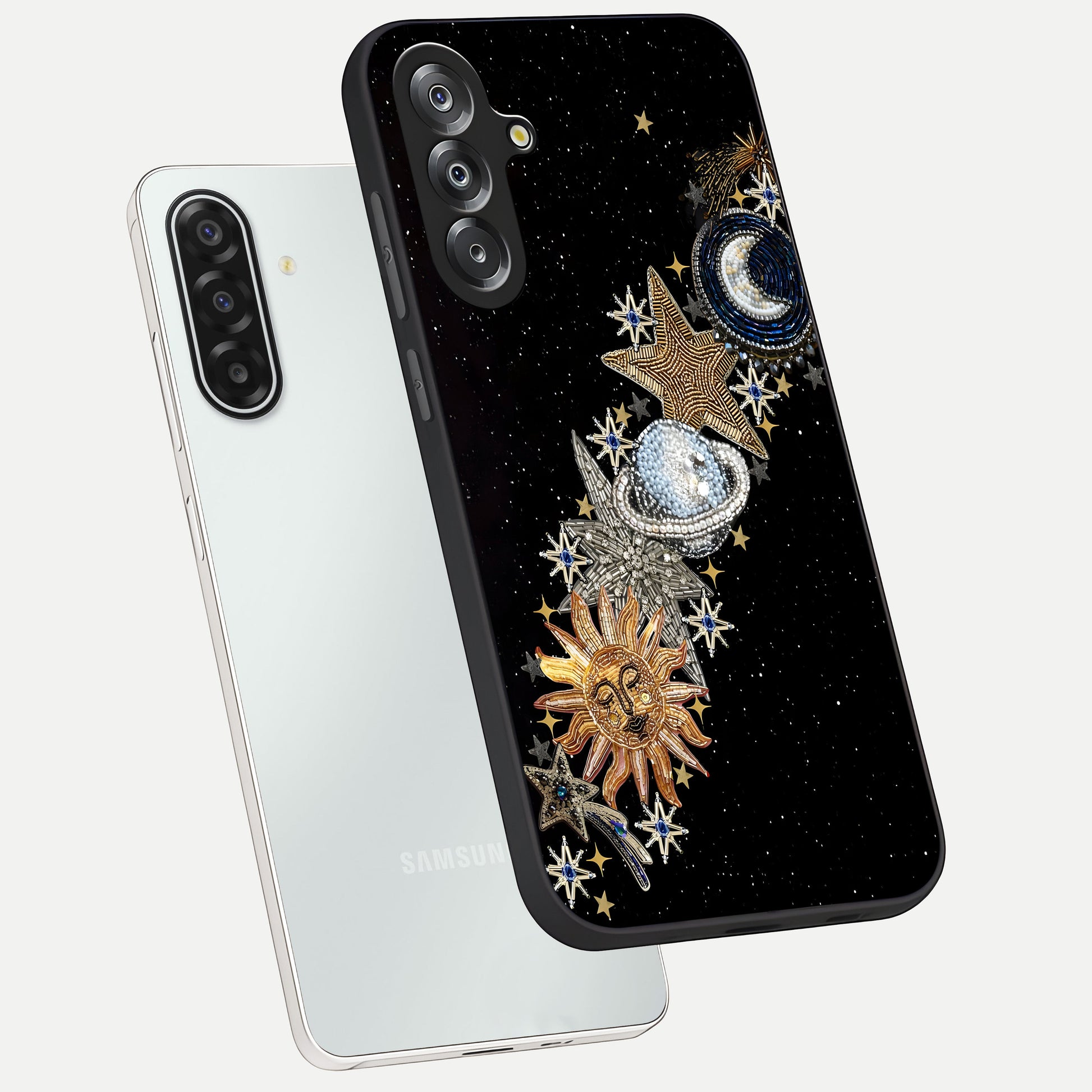 Pearls Universe Object Glass Case displayed in angled mockup highlighting celestial pearl design with dreamy aesthetic.
