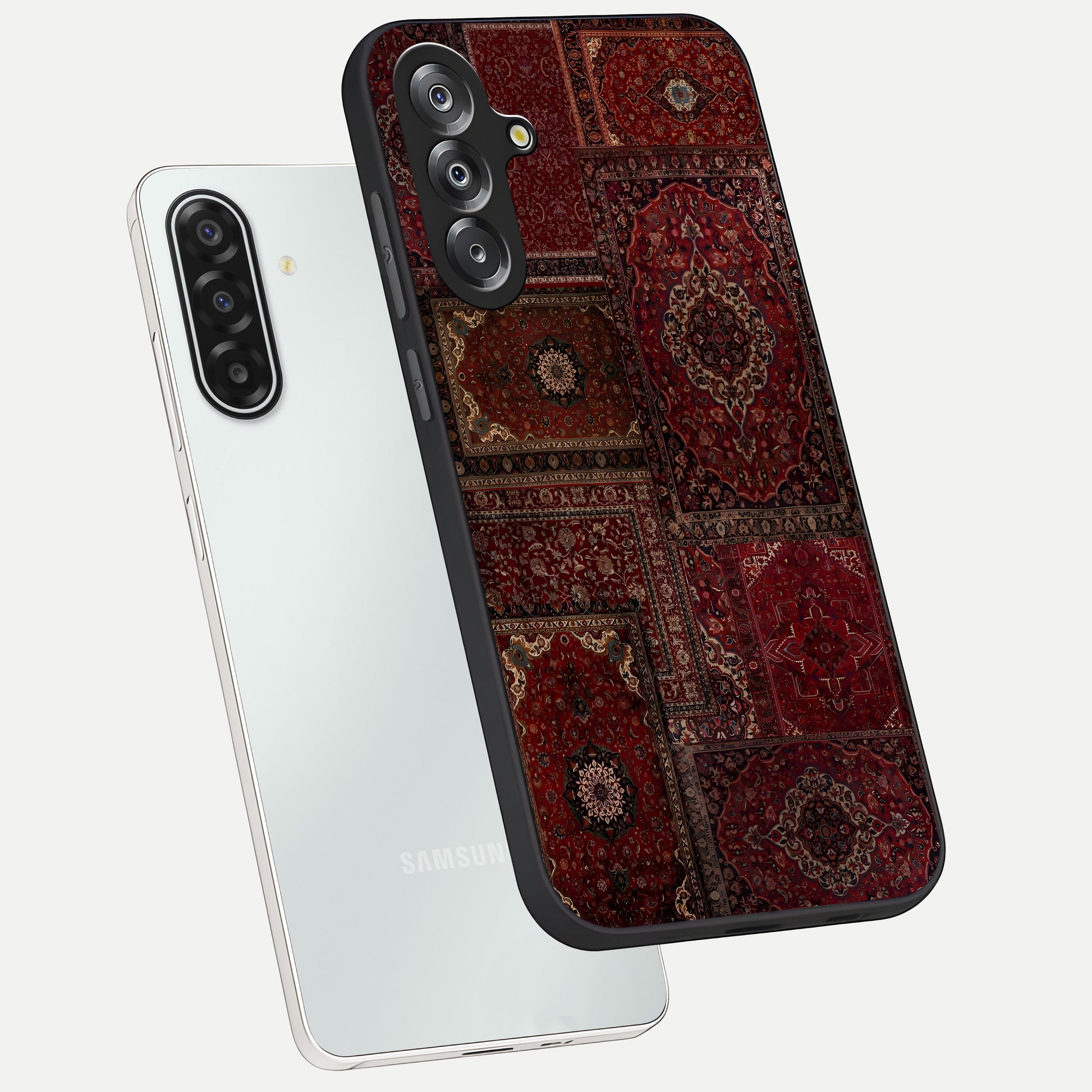 Persian Velvet Tale Glass Case displayed in angled mockup highlighting ornate textile inspired design with royal aesthetic.