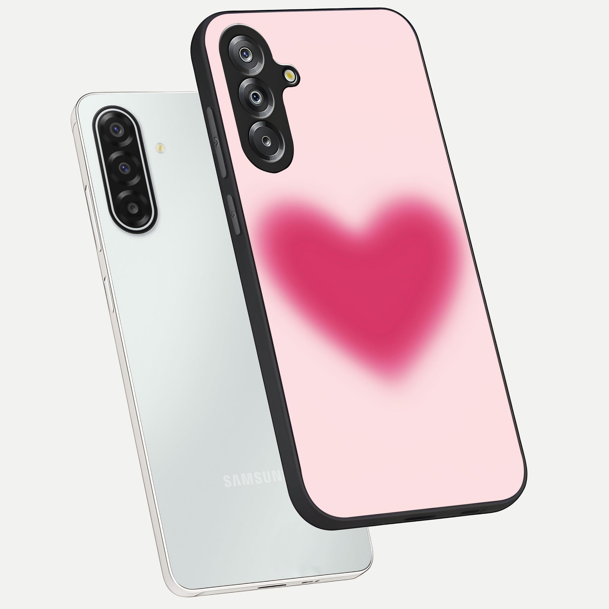 Pink Aura Heart Glass Case displayed in angled mockup highlighting vibrant pink heart design with dreamy aura aesthetic.