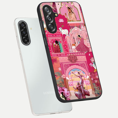 Pink Palace Muse Glass Case displayed in angled mockup highlighting dreamy palace illustration with soft pink aesthetic.