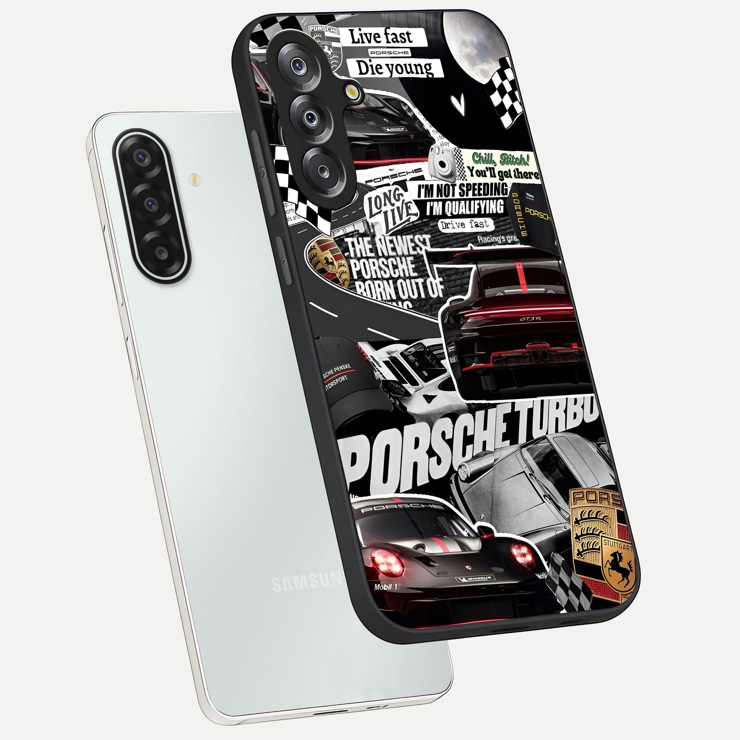 Porsche Racing Collage Glass Case displayed in angled mockup highlighting dynamic automotive design with bold racing aesthetic.