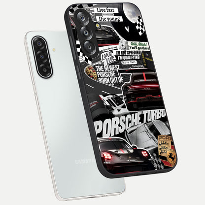 Porsche Racing Collage Glass Case displayed in angled mockup highlighting dynamic automotive design with bold racing aesthetic.