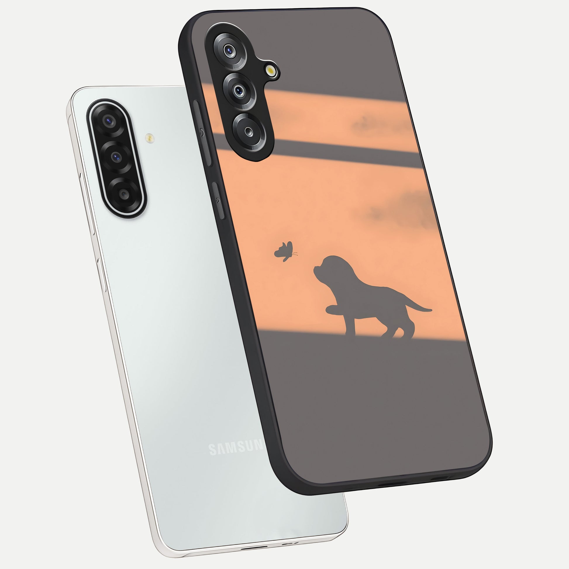 Puppy Shadow Art Glass Case displayed in angled mockup highlighting playful dog illustration with artistic shadow aesthetic.