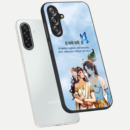 Radha Krishna Eternal Glass Case displayed in angled mockup highlighting divine Radha Krishna illustration with spiritual aesthetic.