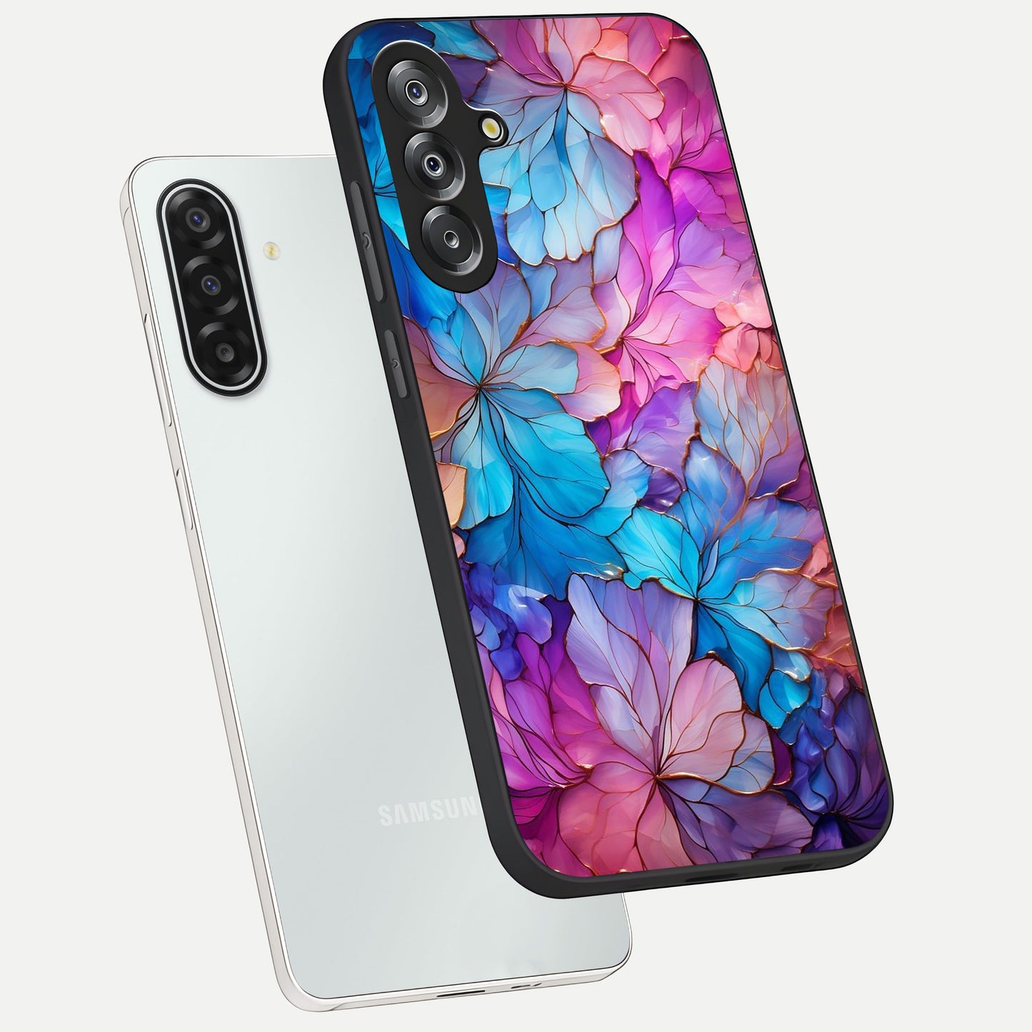 Radiant Floral Whirl Glass Case displayed in angled mockup highlighting vibrant flower pattern with dynamic artistic aesthetic.