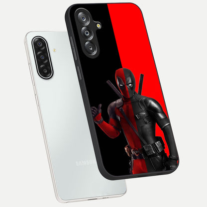 Red & Black Deadpool Theme Glass Case displayed in angled mockup highlighting vibrant superhero style illustration with action aesthetic.
