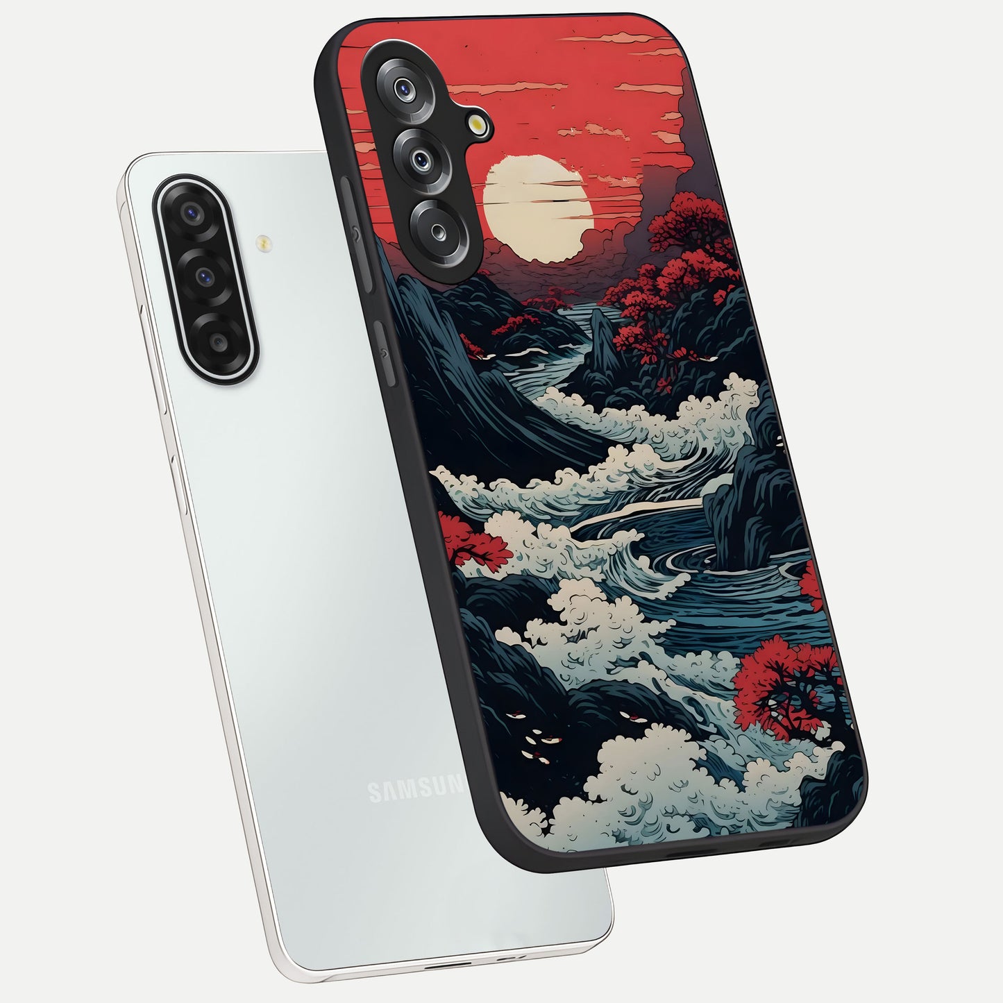 Red Sunset Scenery Glass Case displayed in angled mockup highlighting glowing sunset sky design with scenic aesthetic.