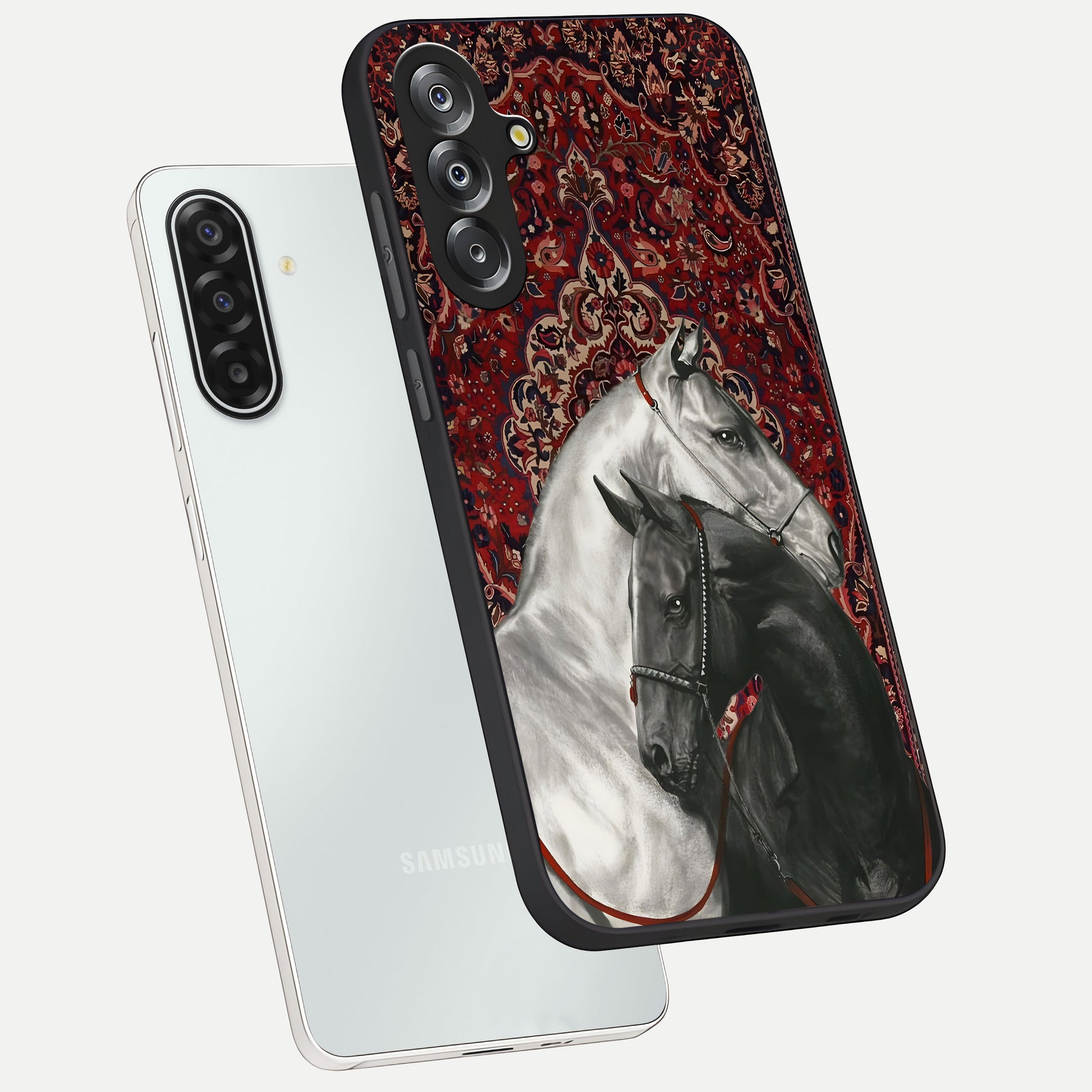 Regal Stallion Tapestry Glass Case displayed in angled mockup highlighting royal stallion design with decorative heritage aesthetic.