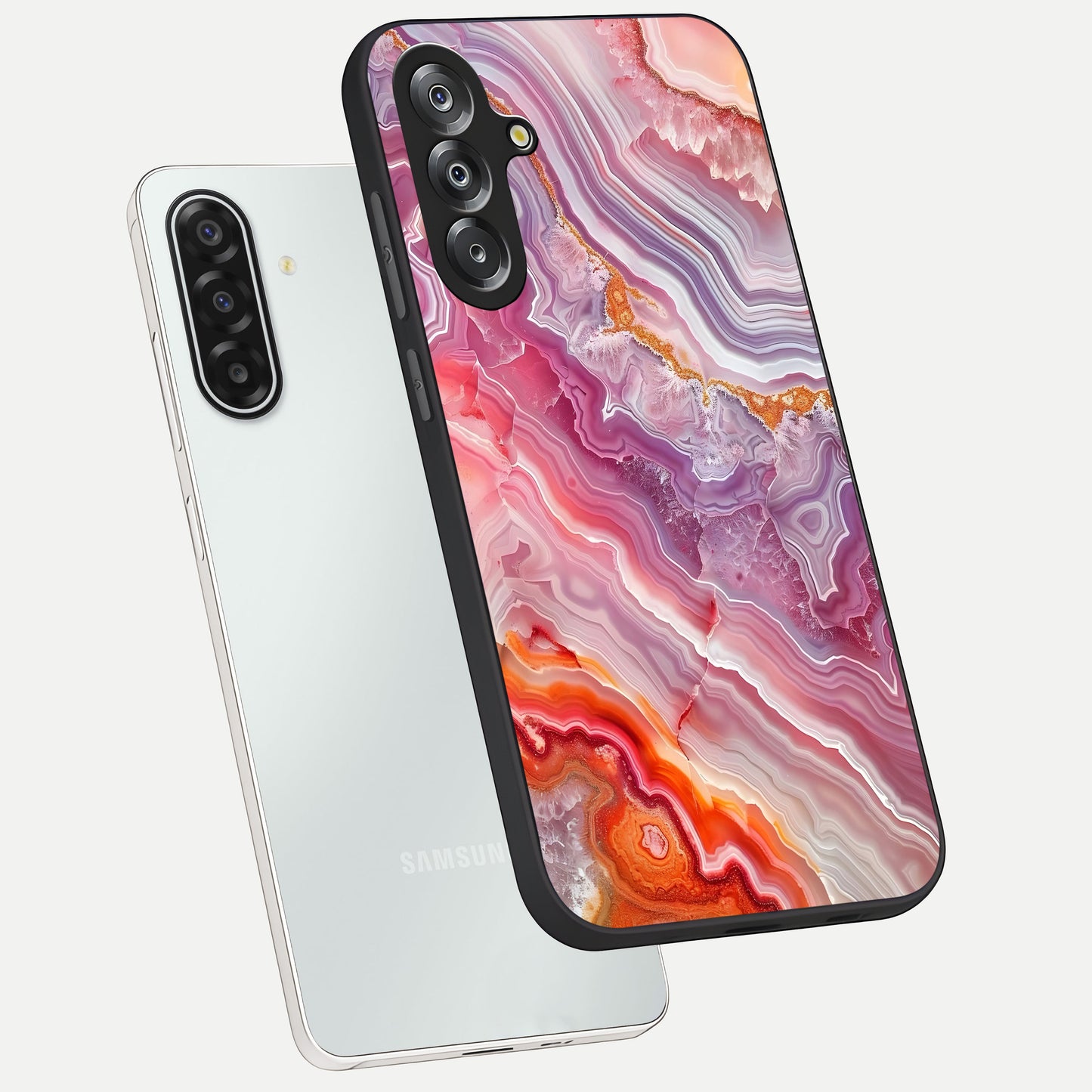 Rose Quartz Marble Glass Case displayed in angled mockup highlighting elegant marble pattern with soft aesthetic style.