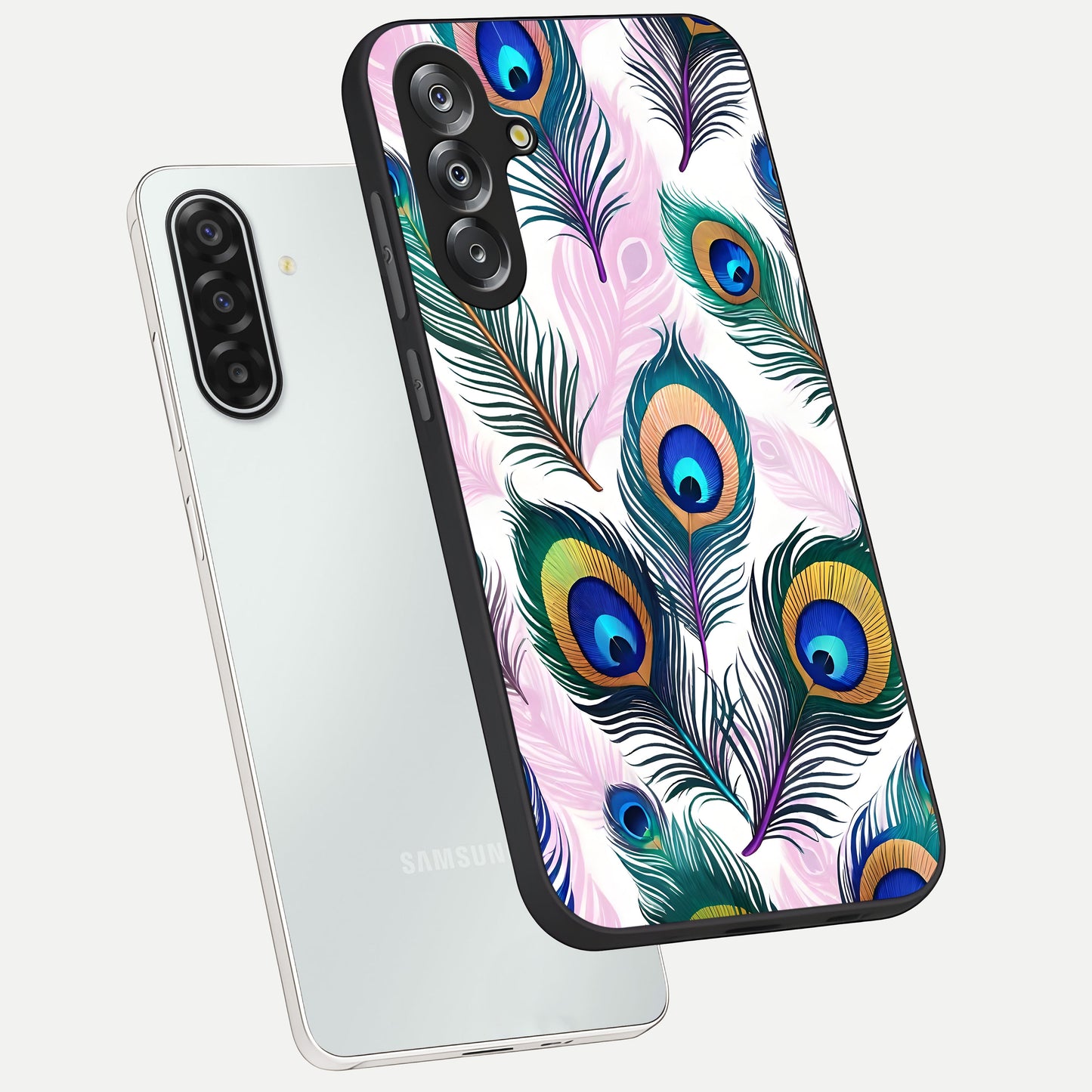 Royal Peacock Feathers Glass Case displayed in angled mockup highlighting vibrant feather pattern with regal aesthetic style.