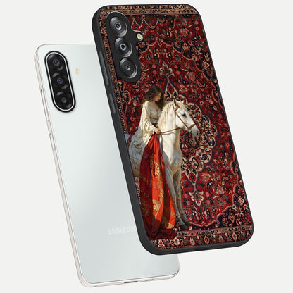 Royal Rider Tapestry Glass Case displayed in angled mockup highlighting traditional tapestry design with royal heritage aesthetic.