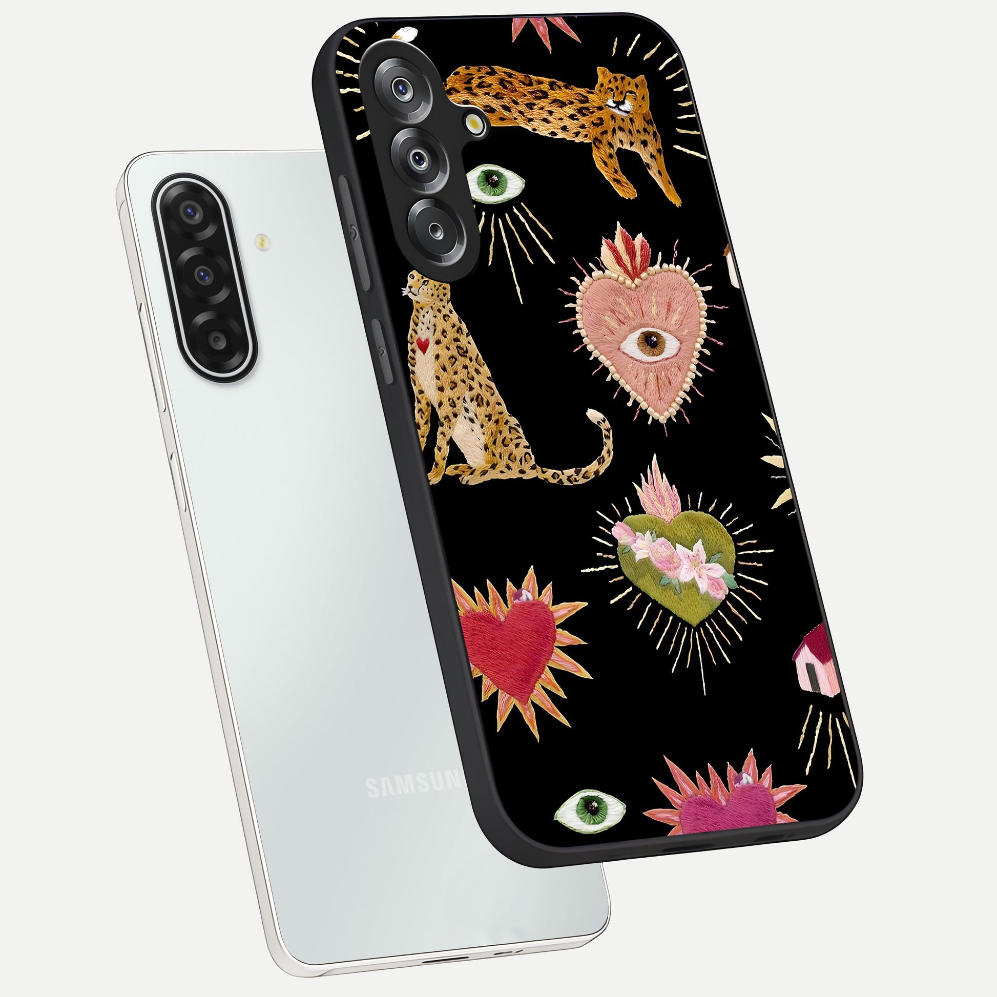 Sacred Jungle Heart Glass Case displayed in angled mockup highlighting lush tropical design with natural aesthetic style.