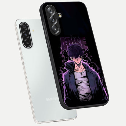 Shadow Monarch Awakening Glass Case displayed in angled mockup highlighting dramatic shadow warrior design with fantasy aesthetic.