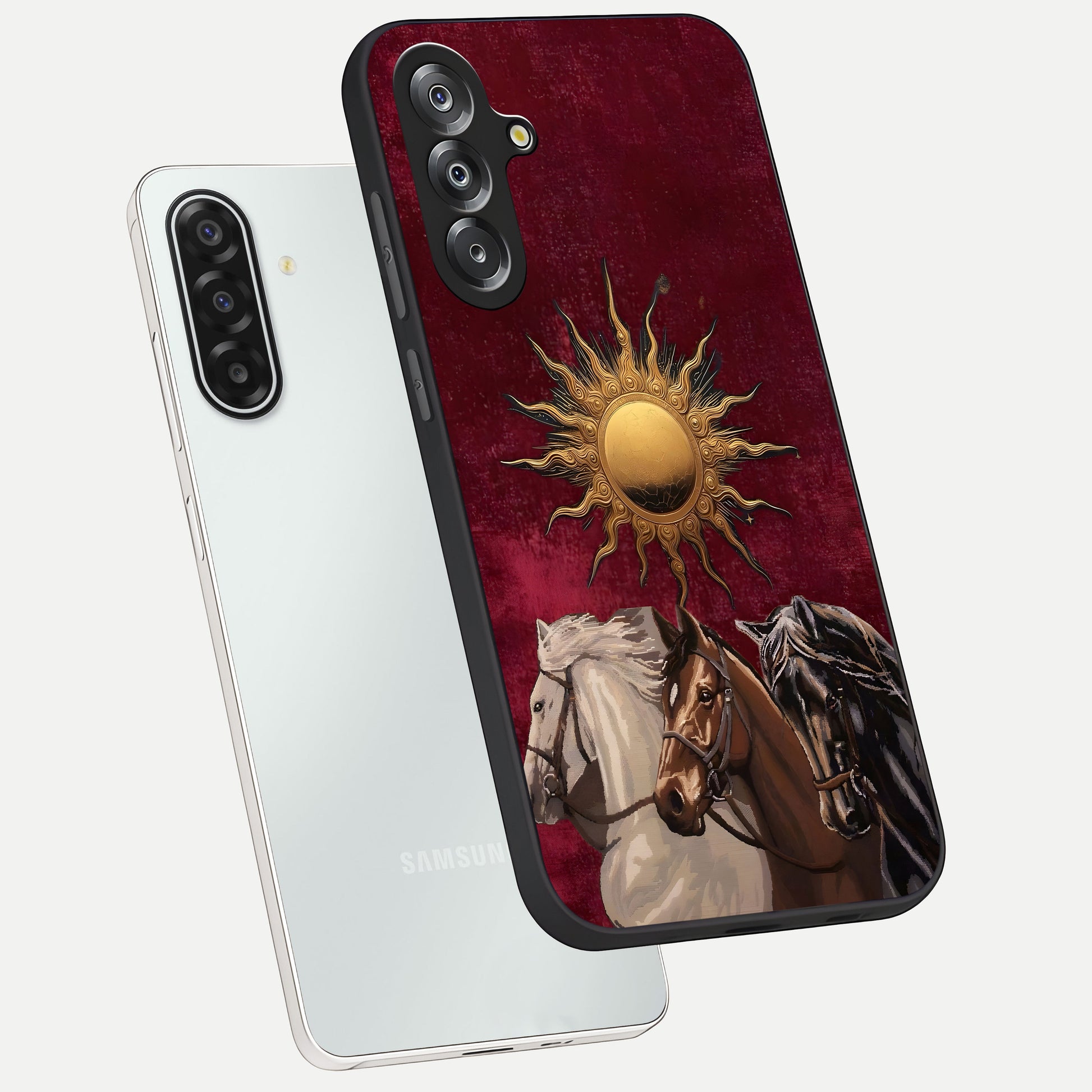 Solar Riders Glass Case displayed in angled mockup highlighting powerful rider illustration with radiant solar aesthetic.