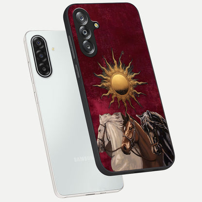 Solar Riders Glass Case displayed in angled mockup highlighting powerful rider illustration with radiant solar aesthetic.