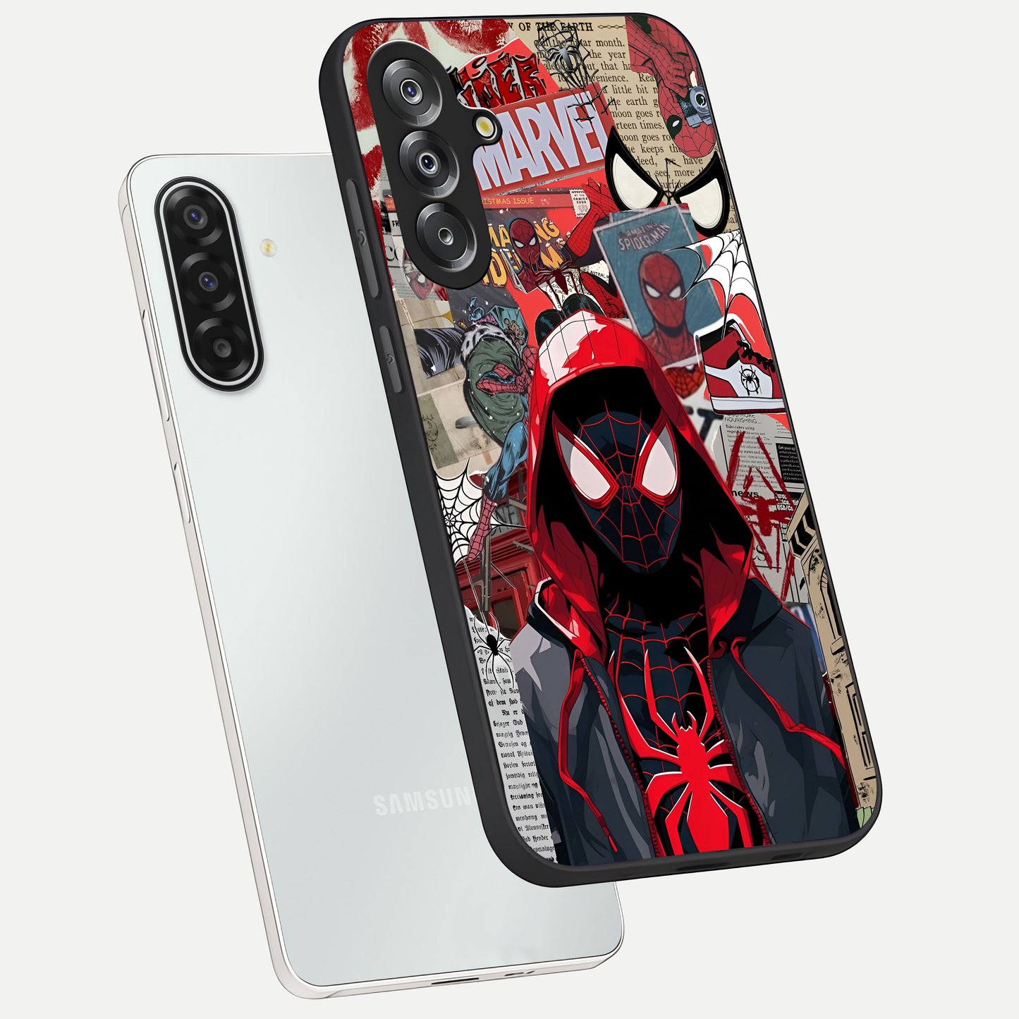 Spider Collage Street Glass Case displayed in angled mockup highlighting dynamic street style collage design with comic aesthetic.