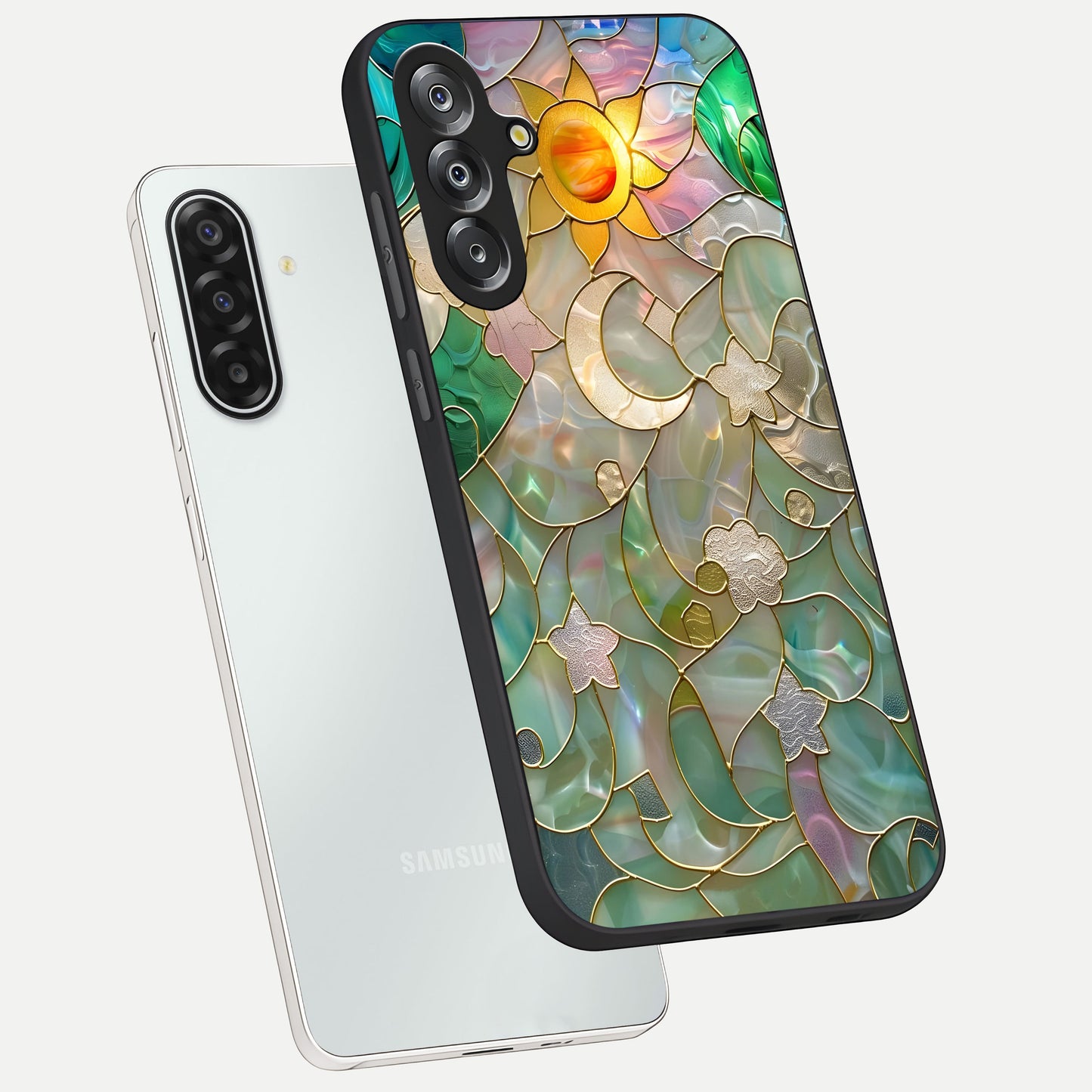 Stained Sunrise Glow Glass Case displayed in angled mockup highlighting radiant sunrise design with artistic aesthetic style.
