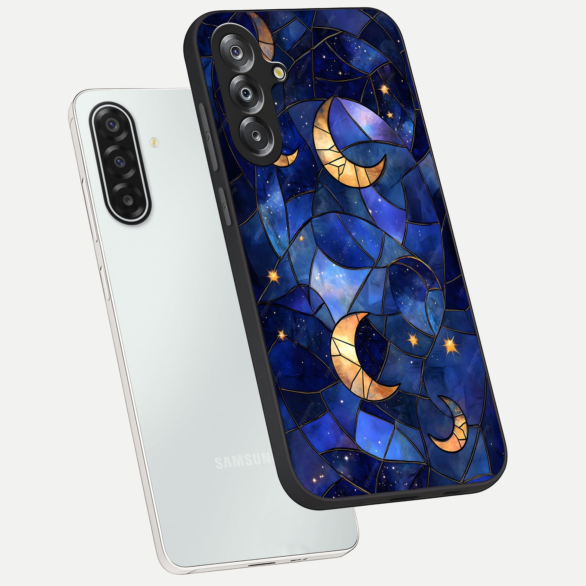 Starlit Sky Tapestry Glass Case displayed in angled mockup highlighting celestial night pattern with artistic aesthetic style.
