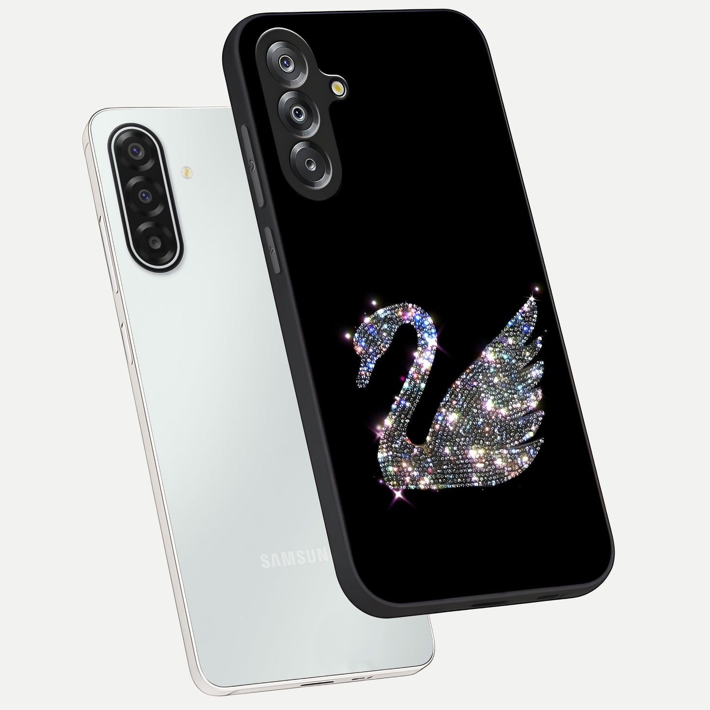 Starlit Swan Grace Glass Case displayed in angled mockup highlighting elegant swan illustration with dreamy celestial aesthetic.
