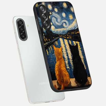Starry River Cats Glass Case displayed in angled mockup highlighting charming feline illustration with dreamy night aesthetic.