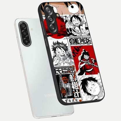 Strawhat Chaos Panels Glass Case displayed in angled mockup highlighting vibrant anime collage design with action aesthetic.