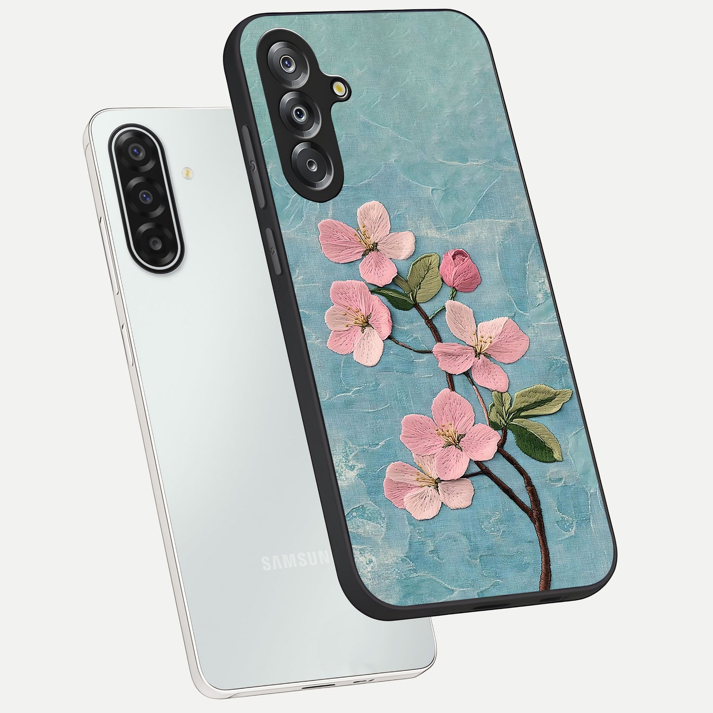 Threaded Blossom Breeze Glass Case displayed in angled mockup highlighting elegant floral design with soft aesthetic style.